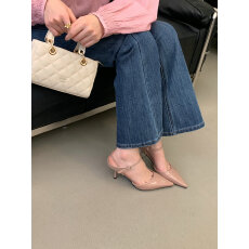 批发温柔裸粉色尖头细跟凉鞋女 漆皮一字扣带显脚白通勤约会高跟鞋