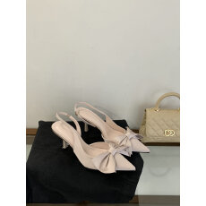 批发温柔风裸粉色尖头后空单鞋女 细跟蝴蝶结设计感约会高跟鞋