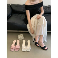 批发蕾丝花边方头细跟凉拖女 夏季外穿一字带高跟拖鞋仙女风
