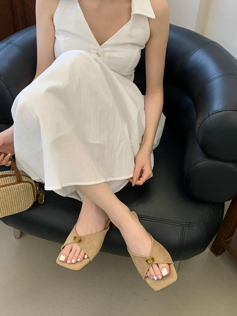 X-33429# 美拉德风金属扣凉拖女方头交叉带低跟外穿拖鞋 女鞋批发鞋子货源