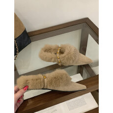 批发美拉德复古风毛毛包头拖金属装饰浅口尖头懒人秋冬外穿拖鞋