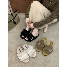批发慵懒风皮带扣毛毛拖 软弹厚底防滑鞋底 居家通勤两用女拖鞋