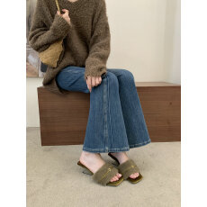 批发复古方头毛毛高跟凉拖女 美拉德外穿一字毛绒拖鞋