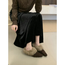 批发复古方头毛毛穆勒拖女秋<b class='q'>冬</b>外穿锁扣半拖加绒包头懒人拖鞋