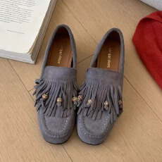 批发复古羊反绒皮流苏乐福鞋女通勤豆豆鞋
