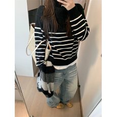 实拍实价：2026春款翻领针织毛衣女韩系黑白条纹拉链立领长袖上衣