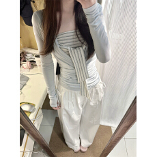 批发实拍实价：夏季薄款韩系条纹抹胸背心+浅蓝色罩衫长袖2件套