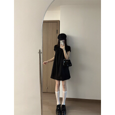 批发实拍实价：小黑裙减龄少女感娃娃领中长款叠穿外穿衬衫连衣短裙