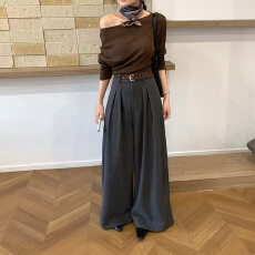 批发秋冬款高腰毛呢<b class='q'>西装</b>裤保暖舒适长裤加厚垂感阔腿裤<b class='q'>女款</b>韩版休闲风
