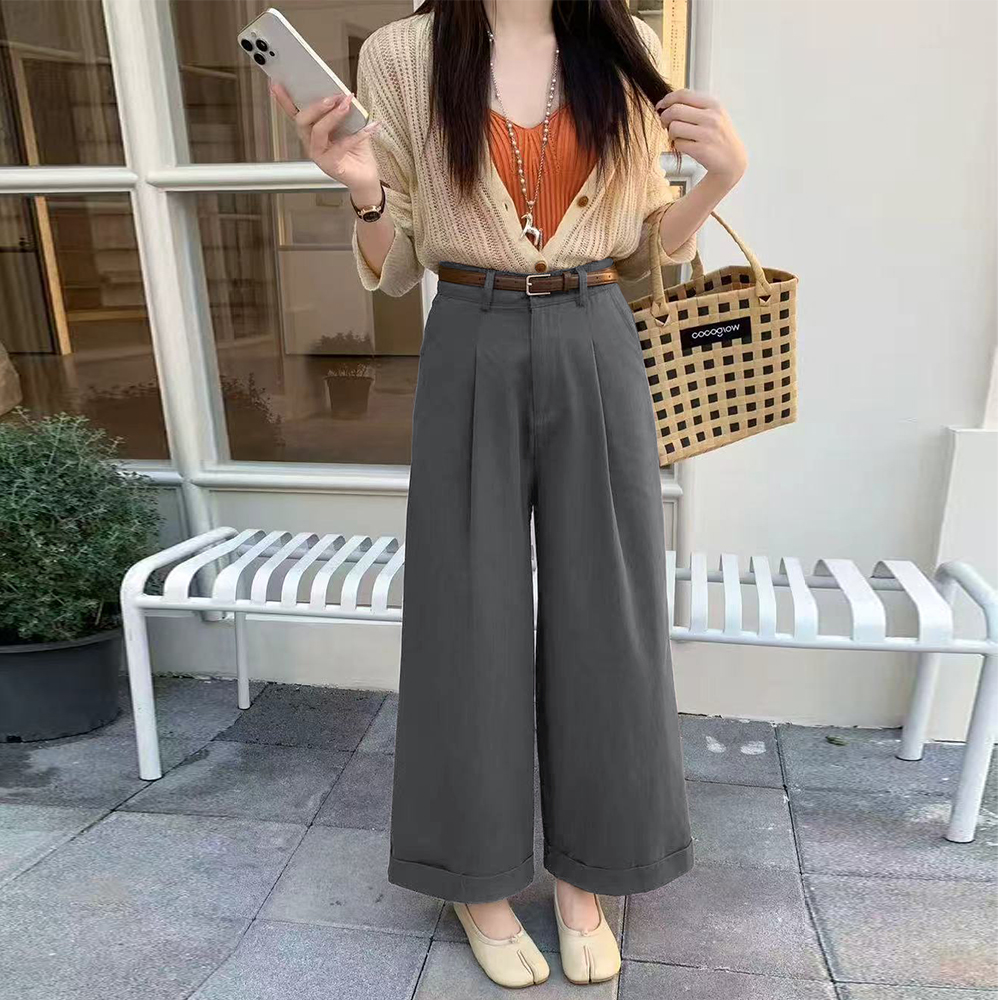 한 부서 단색 볼륨 측면 하이웨이스트 넓은 다리 캐주얼 바지