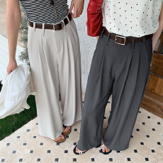 批发实拍高腰直筒阔腿<b class='q'>西装</b>裤女新款简约垂坠感宽松遮肉休闲长裤配腰带