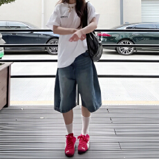 批发美式复古休闲水洗蓝五分中裤做旧阔腿七分裤牛仔裤 男女可穿