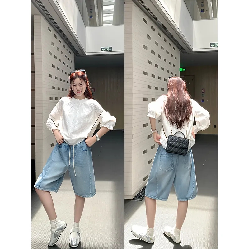 파란색 하이웨이스트 5 점 청바지 여성 여름 얇은 스타일 루즈핏 스트레이트 넓은 다리 중 바지 남녀 웨어러블