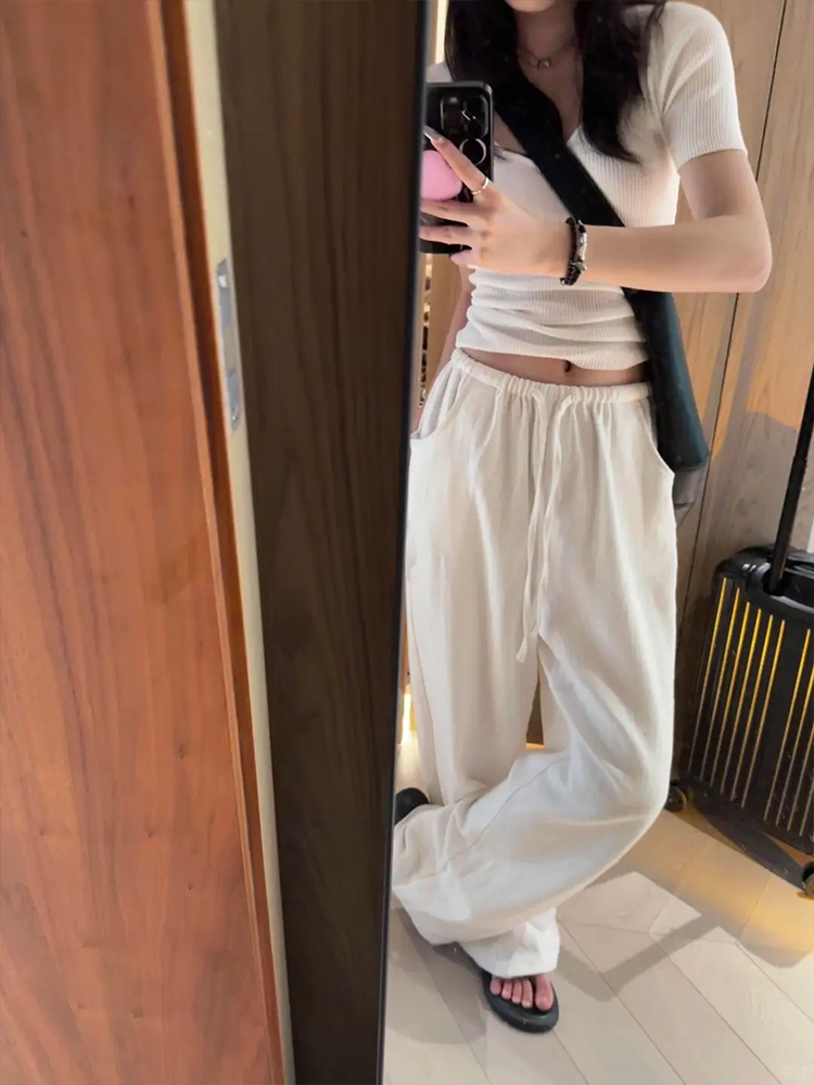 단색 펌프 로프 다용도 루즈핏 슬림해 보이는 넓은 다리 캐주얼 바지 라미 모통이 칼 바닥 청소 바지