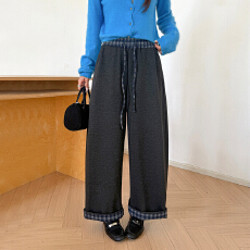 批发格子拼接毛呢阔腿裤女秋<b class='q'>冬</b>新款加绒加厚宽松慵懒感直筒弯刀裤