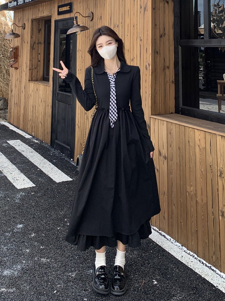 2026 봄 새로운 프랑스식 학원 스타일 체크무늬 V넥 고급 센스 그는 벤 바람 롱 코트 드레스 아이들