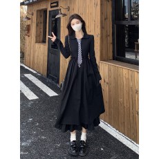 批发2025秋季新款胖mm显瘦法式学院风格纹v领高级感赫本风<b class='q'>连衣裙</b>子<b class='q'>女</b>