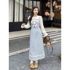 批发2025秋冬新款韩系胖mm显瘦娃娃领蓝白拼接学院风毛呢<b class='q'>连衣裙</b>长裙子