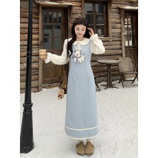 批发2025<b class='q'>秋</b>冬新款韩系胖mm显瘦娃娃领蓝白拼接学院风毛呢连衣裙长裙子