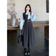 批发2025秋冬新款胖mm学院风撞色拼接假两件长袖<b class='q'>连衣裙</b>女气质长裙子女