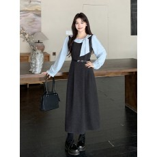 批发2025<b class='q'>秋</b>冬新款胖mm学院风撞色拼接假两件长袖连衣裙女气质长裙子