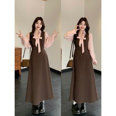 批发2025<b class='q'>秋</b>冬新款胖mm设计感显瘦假两件撞色拼接咖色长款连衣裙子女