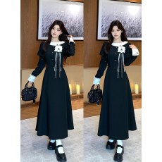 批发2026<b class='q'>春</b>新款胖mm千金感泡泡袖波点拼接连衣裙女法式收腰显瘦长裙子