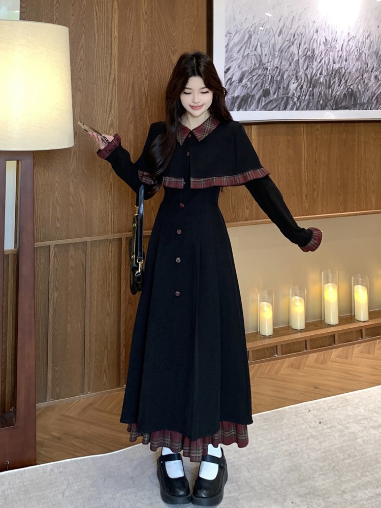 2026 봄 새로운 지방 mm Chic 패치워크 망토 드레스 슬림해 보이는 고급 센스 고유 한 연령 감소 롱 스커트 아이들