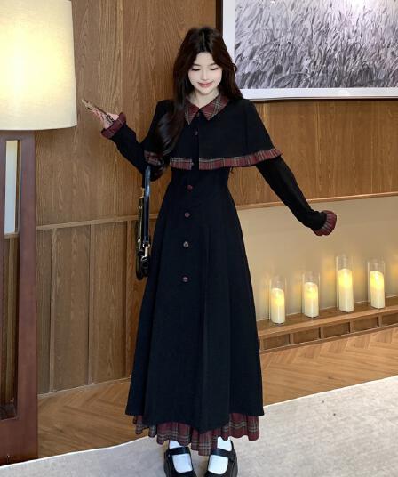2026 봄 새로운 지방 mm Chic 패치워크 망토 드레스 슬림해 보이는 고급 센스 고유 한 연령 감소 롱 스커트 아이들