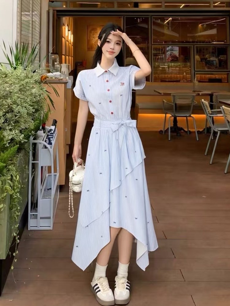 RY2753# 学院风条纹翻领衬衫连衣裙女2026夏季新款设计感不规则下摆...
