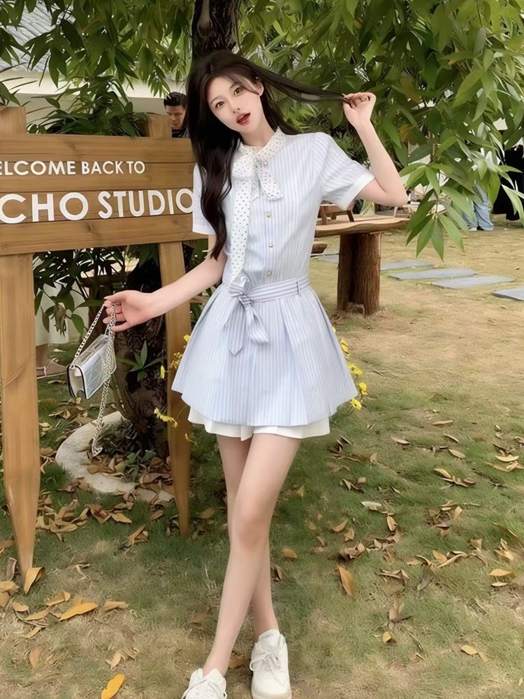 RY2081# 学院风蓝色条纹衬衫连衣裙子女2026夏季新款大码气质显瘦a字短裙