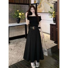 批发2026夏季新款大码假两件拼接高级感一字肩<b class='q'>连衣裙</b>纯色A字裙长裙子