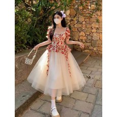 批发2026夏新款<b class='q'>假两件</b>网纱拼接碎花方领<b class='q'>连衣裙</b>微胖大码设计感方领裙子