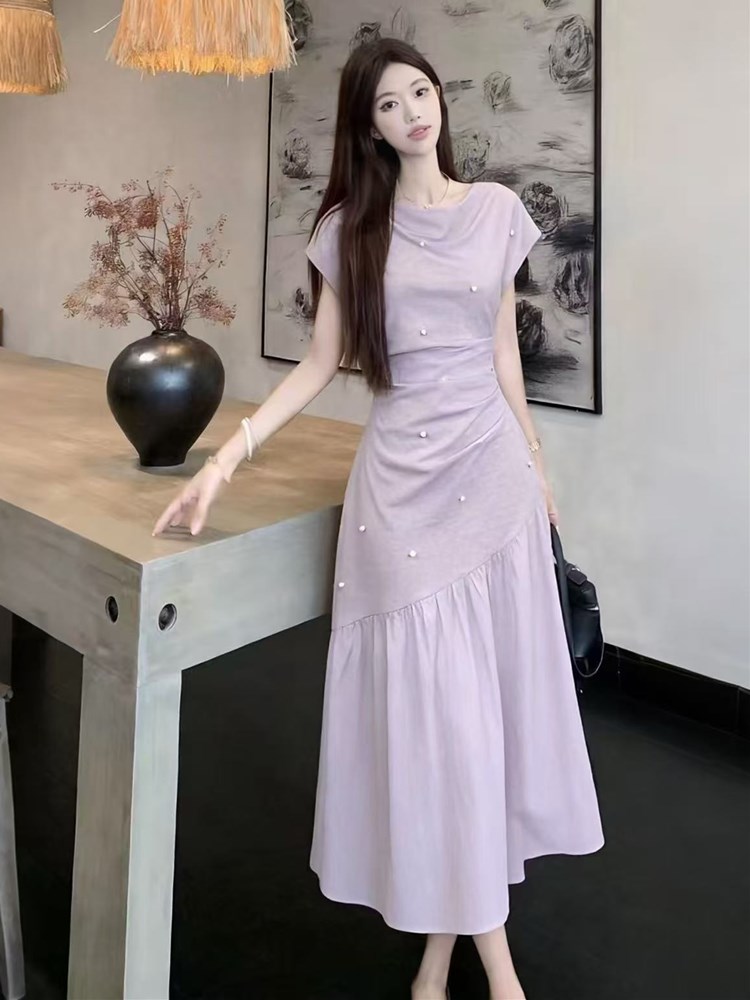 RY3692# 2026夏季新款胖mm设计感法式高级感荡领拼接遮肉显瘦连衣...