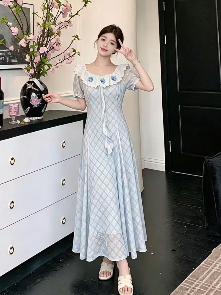 RY3696# 大码女装2026夏季新款设计感度假风碎花蕾丝显瘦短袖长款连...