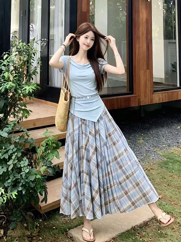 RY3694# 2026夏季新款大码温柔修身上衣格子印花网纱半身裙两件套套装裙女