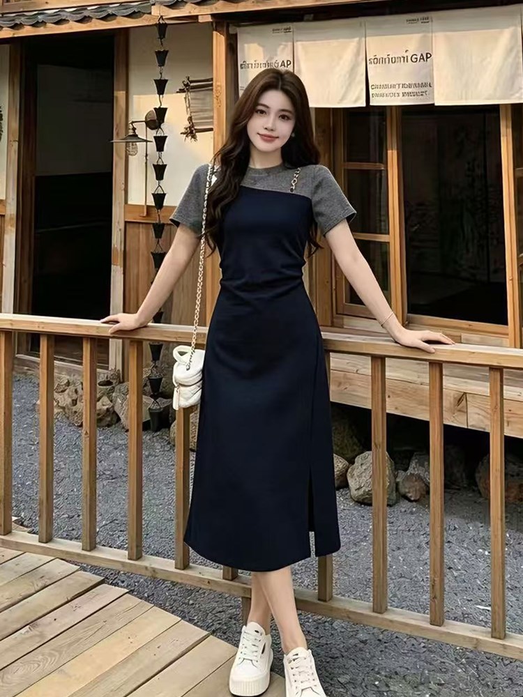 2026 여름 새로운 지방 mm 디자인 센스 페이크 레이어드 패치워크 허리 수축 연령 감소 고급 품격 중간 길이 드레스