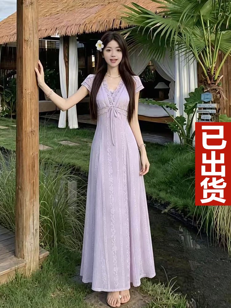 2026 빅 사이즈 여름 프랑스식 롱 코트 부드러운 보라색 V넥 아름다운 분위기 디자인 센스 품격 슬림해 보이는 반팔 드레스