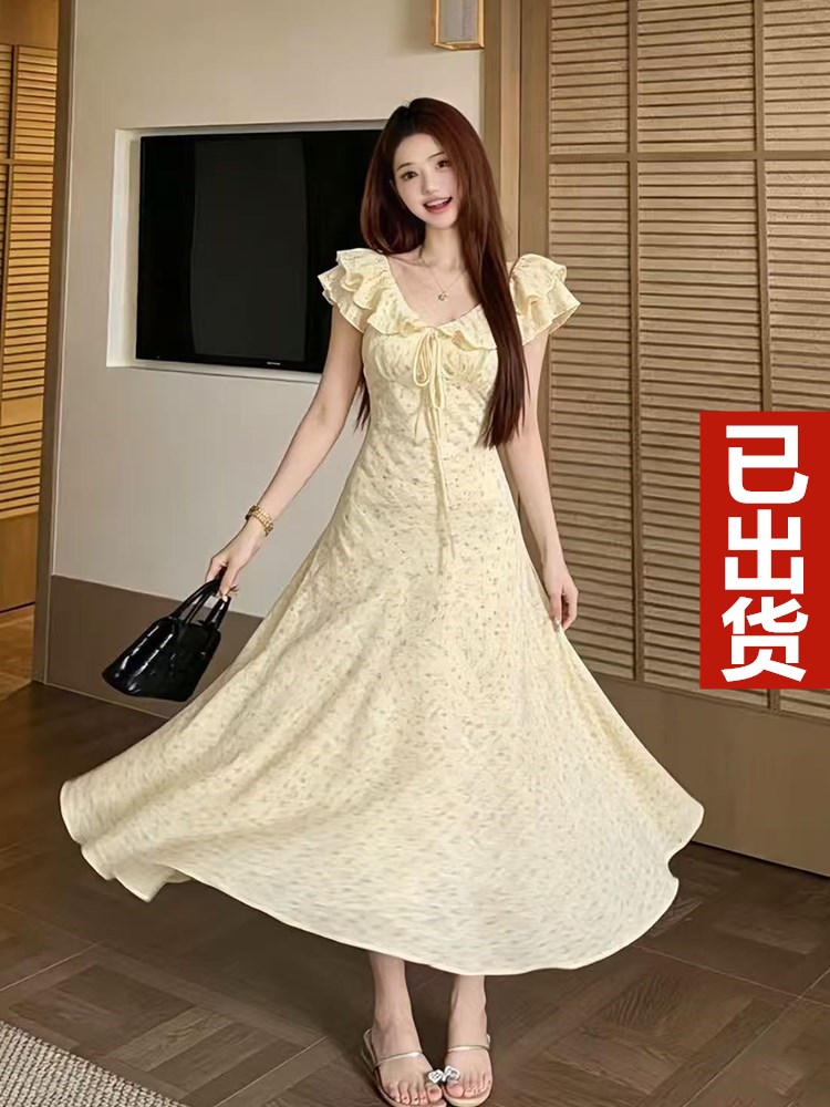 2026 여름 새로운 지방 mm 프랑스식 우아함 휴가 드레스 V넥 꽃무늬 순수한 욕망 하이웨이스트 치마 아이들