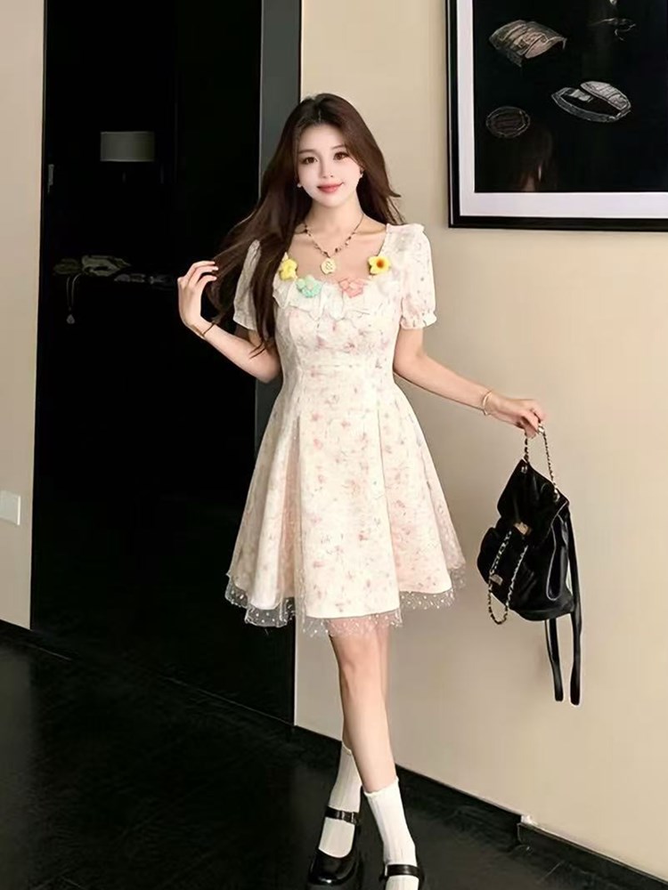 달콤함 거품 소매 꽃무늬 점프 슈트 치마 2026 여름 지방 mm 프랑스식 첫사랑 공주 퍼프 스커트 작은 키 미니 스커트
