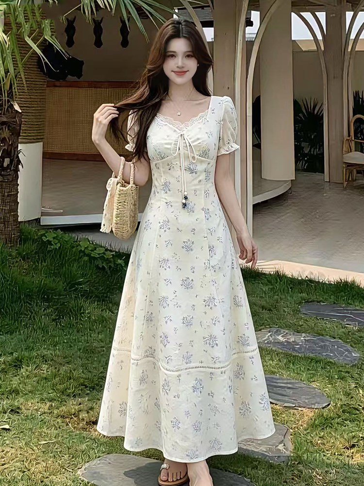 빅 사이즈 달콤함 보라색 꽃무늬 드레스 2026 여름 새로운 프랑스식 지방 mm 슬림해 보이는 반팔 치마 아이들
