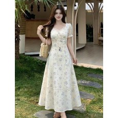批发大码甜美紫色碎花连衣裙2026夏季新款法式胖mm显瘦短袖裙子女