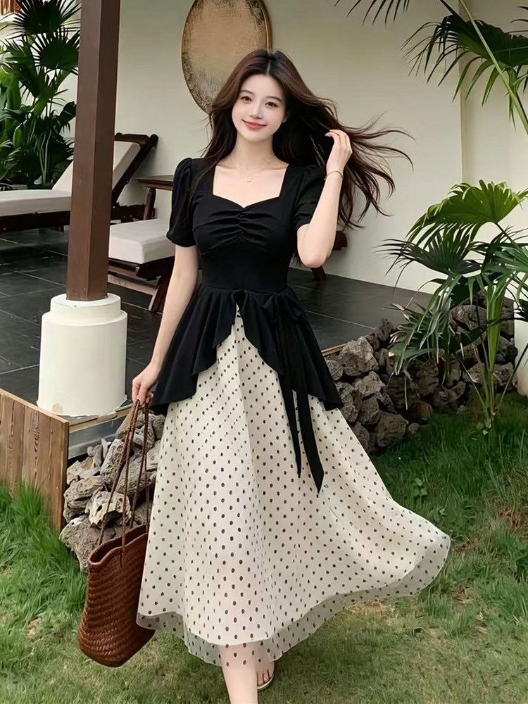 2026 여름 새로운 부드러운 바람 프릴 패치워크 드레스 지방 mm 페이크 레이어드 배색 슬림해 보이는 도트 무늬 치마