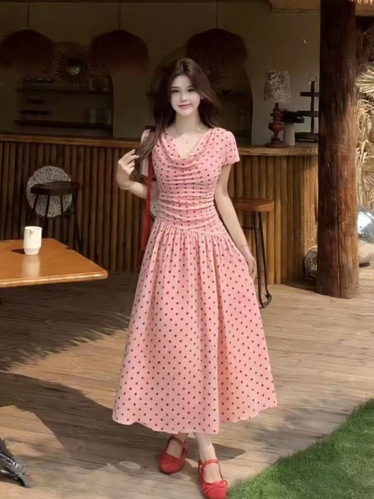 2026 여름 새로운 지방 mm 프랑스식 레트로 도트 무늬 드레스 흔들다 칼라 허리 수축 큰 진자 부드러운 롱 스커트 아이들