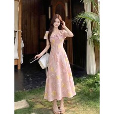 批发胖mm重工刺绣碎花裙吊带<b class='q'>连衣裙</b>女2026夏新款荷叶边短袖小个子长裙