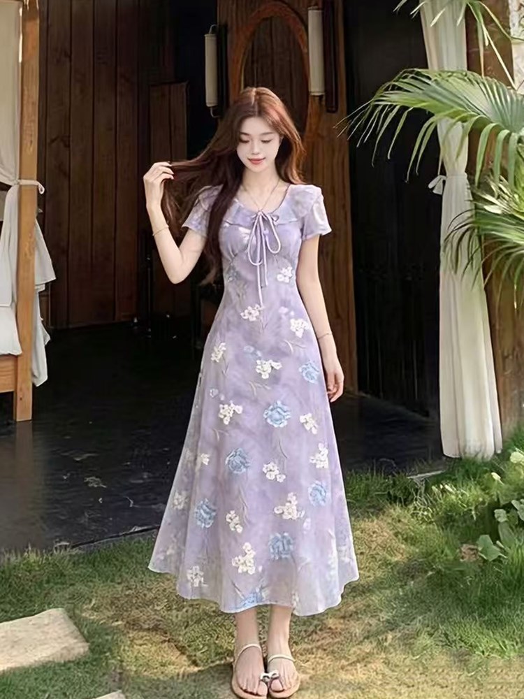 2026 여름 새로운 지방 mm 휴가 바람 무거운 작업 자수 허리 수축 꽃무늬 치마 몸매 가꾸기 작은 키 짧은 소매 길이 치마