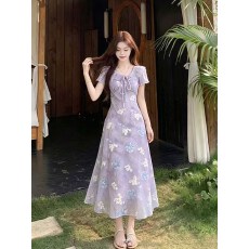 批发2026夏季<b class='q'>新款</b>胖mm度假风重工刺绣收腰碎花裙修身小个子短袖长裙子