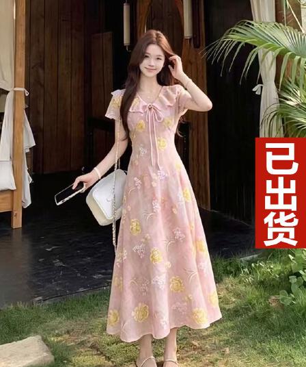 지방 mm 무거운 작업 자수 꽃무늬 치마 슬립 여성 드레스 2026 여름 새로운 프릴 반팔 작은 키 롱 스커트