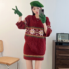 批发新年过年战袍红色针织毛衣两件套装秋<b class='q'>冬</b>季2026新款穿搭短裙女