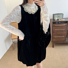 批发法式芭蕾风珍珠<b class='q'>蕾丝</b>打底衫丝绒连衣裙花苞背心套装